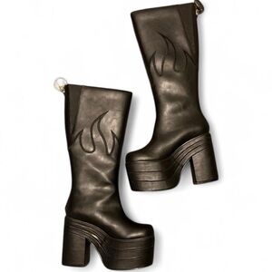 YRU Black Platform Boots with Flame Detail